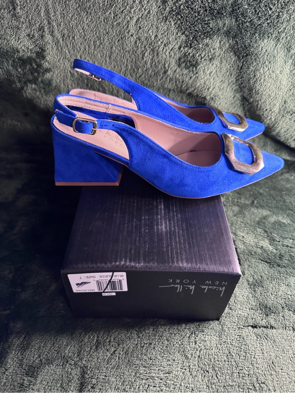 Nicole Miller Royal Blue Pointed Slingback Flats with Gold Buckle - Picture 2 of 6